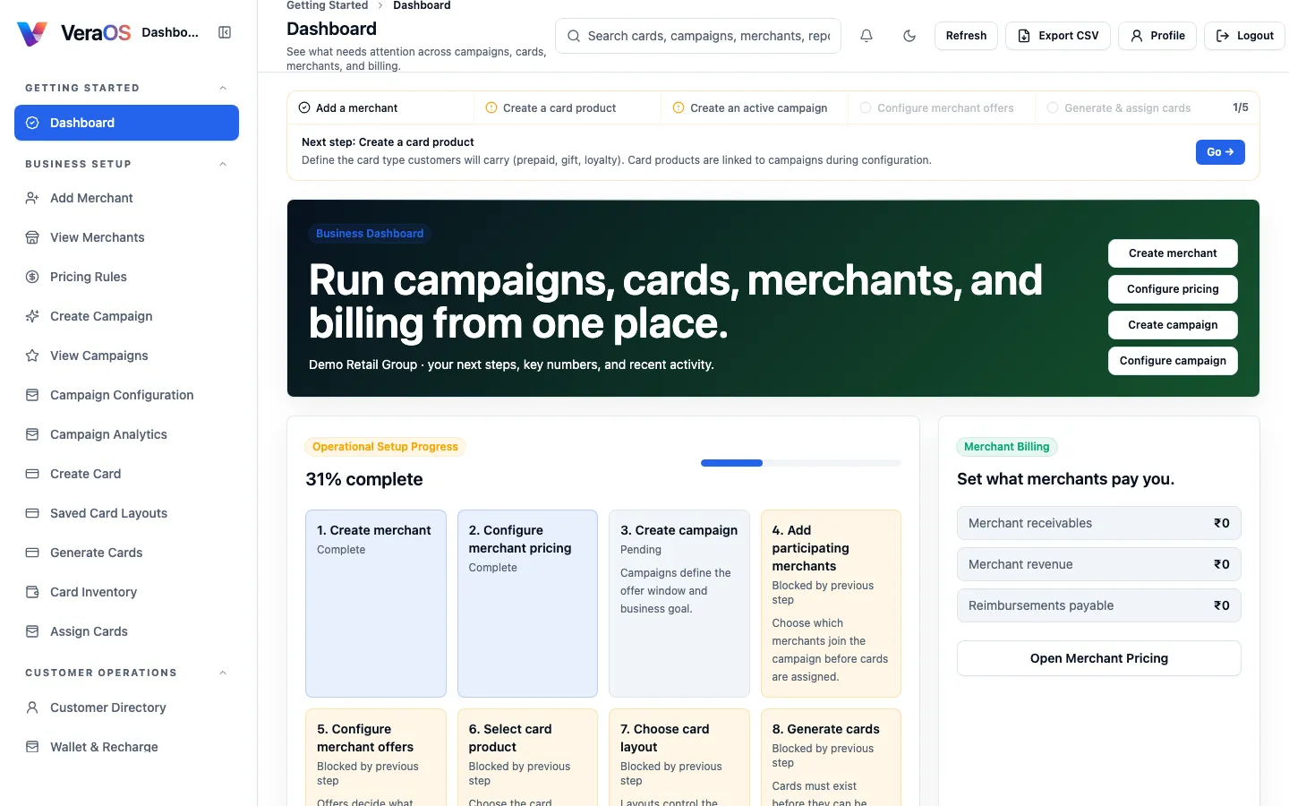 VeraOS business dashboard with setup progress and merchant billing