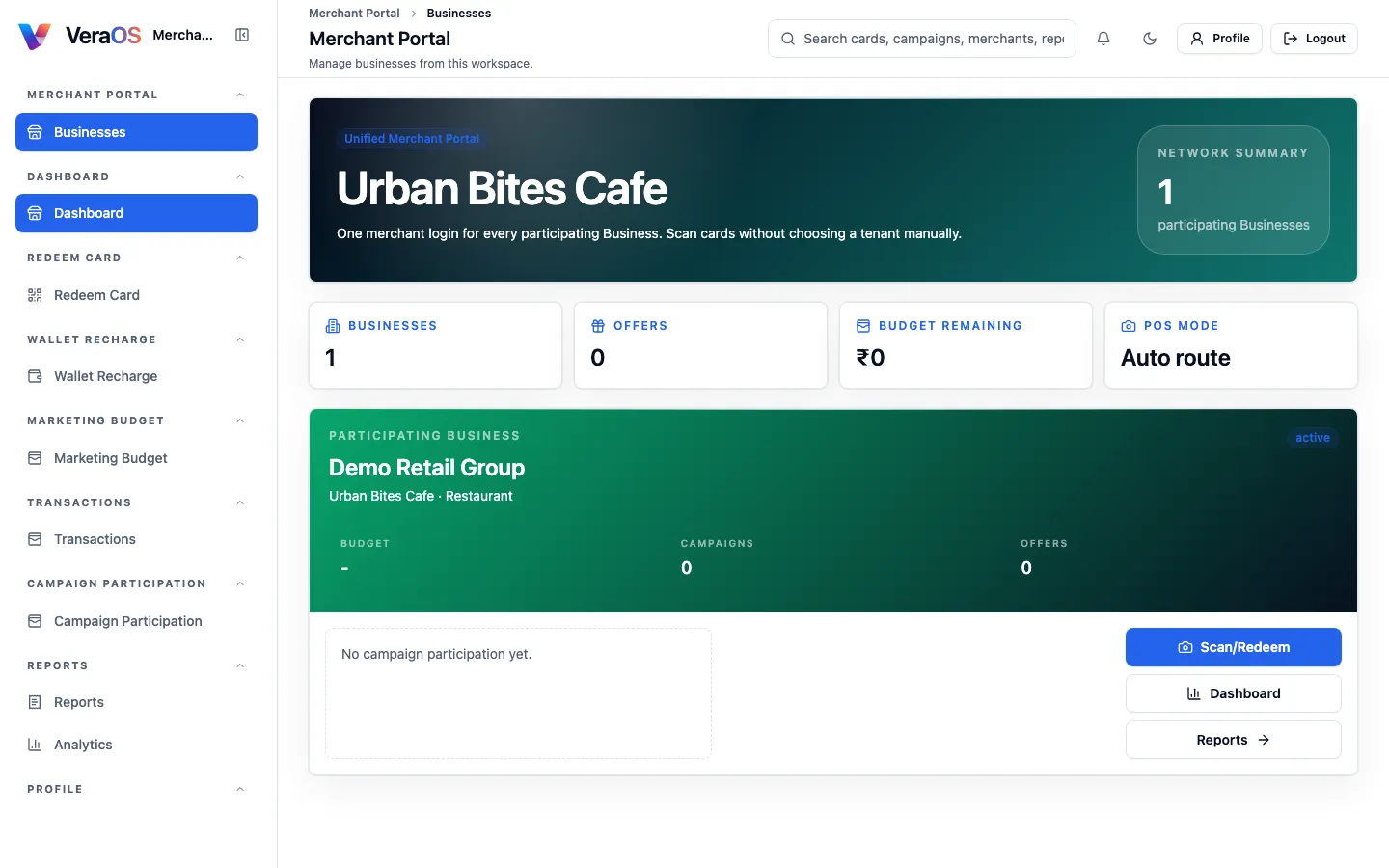 VeraOS merchant portal with redemptions and outlets