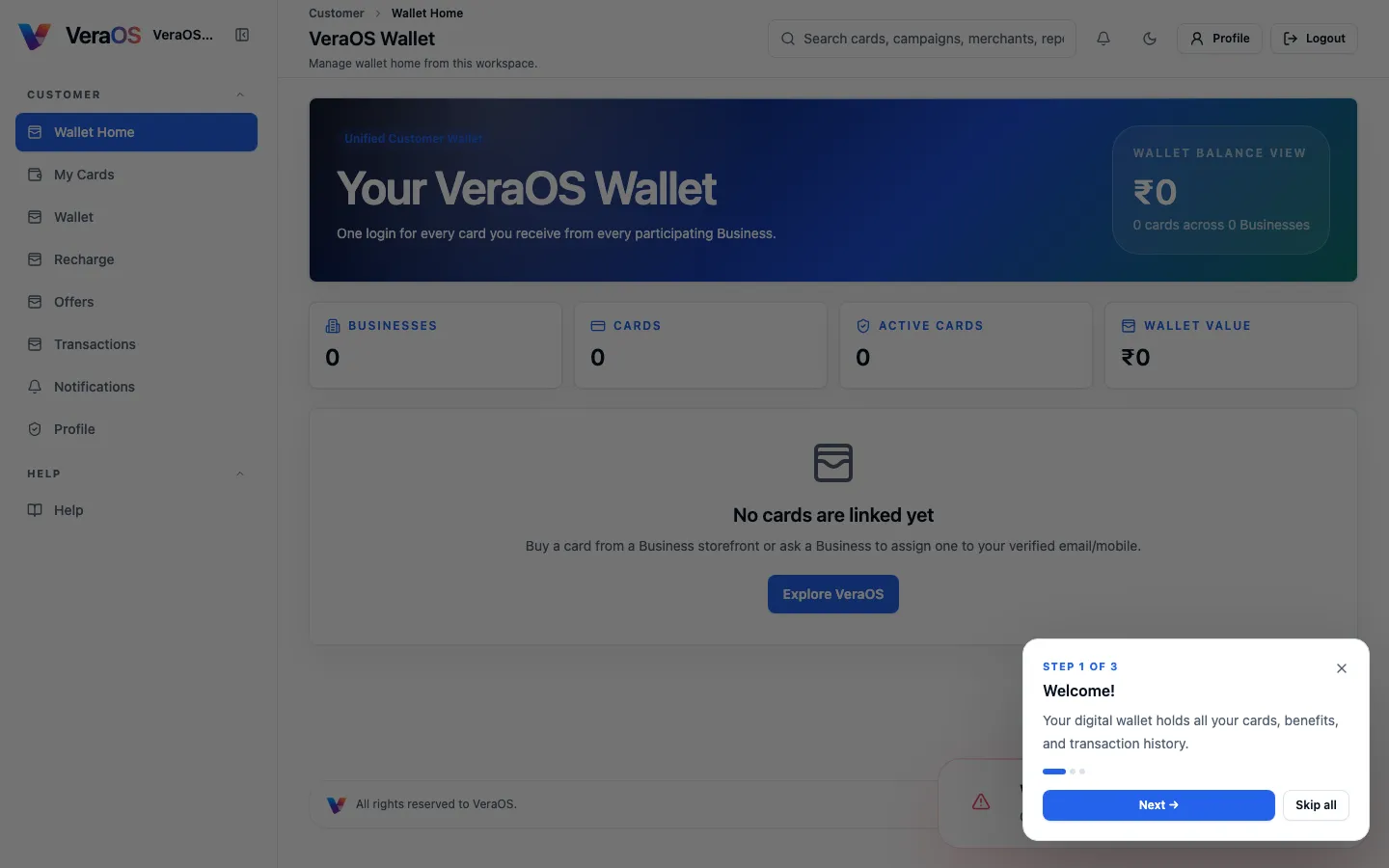 VeraOS customer wallet with card balances and benefits