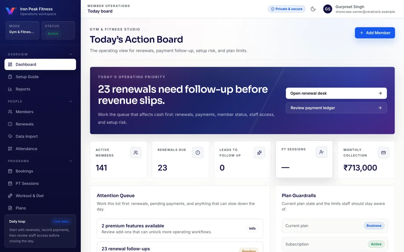 VeraTrack dashboard showing renewals due, active members and monthly collection