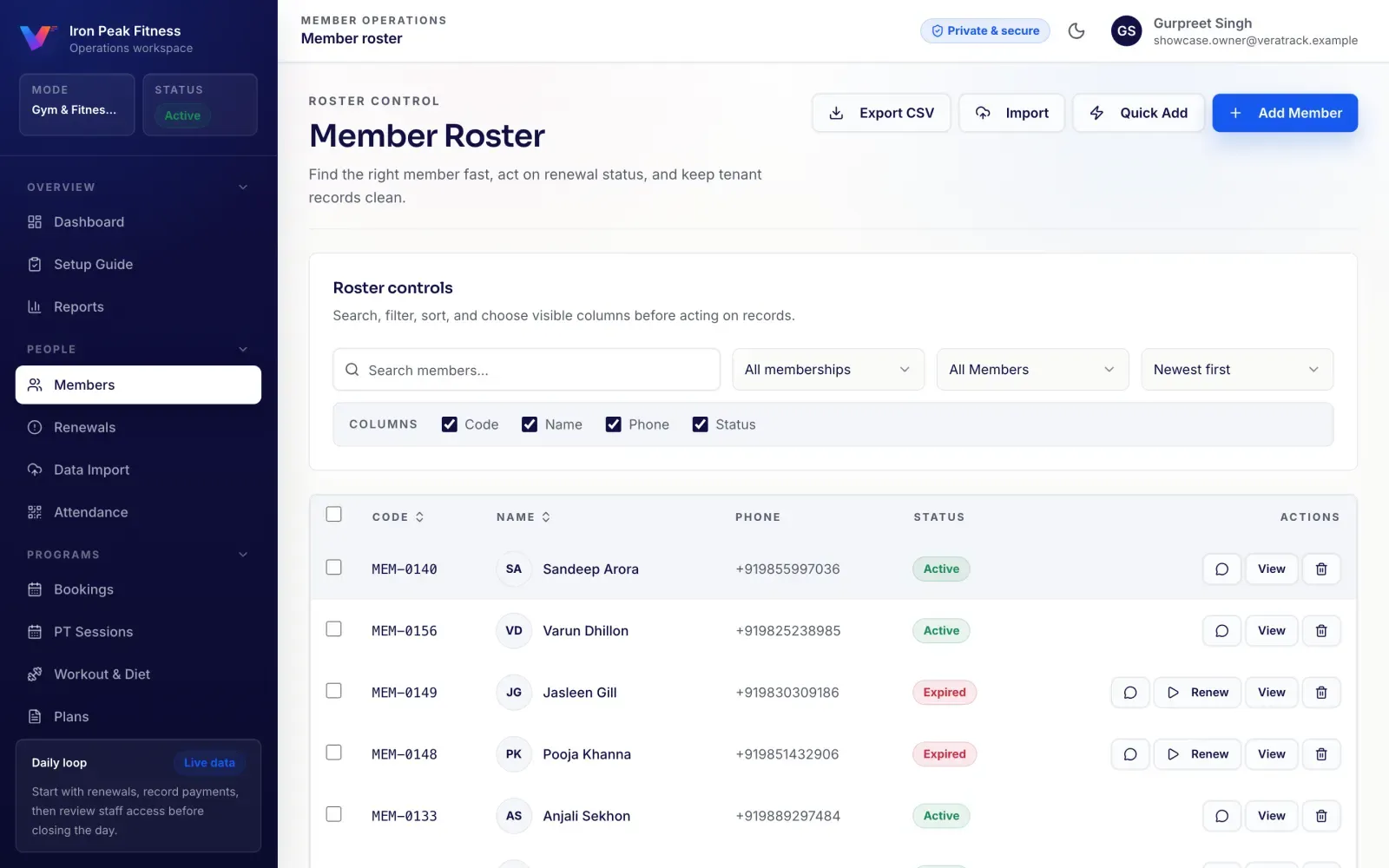 VeraTrack member directory with plan status