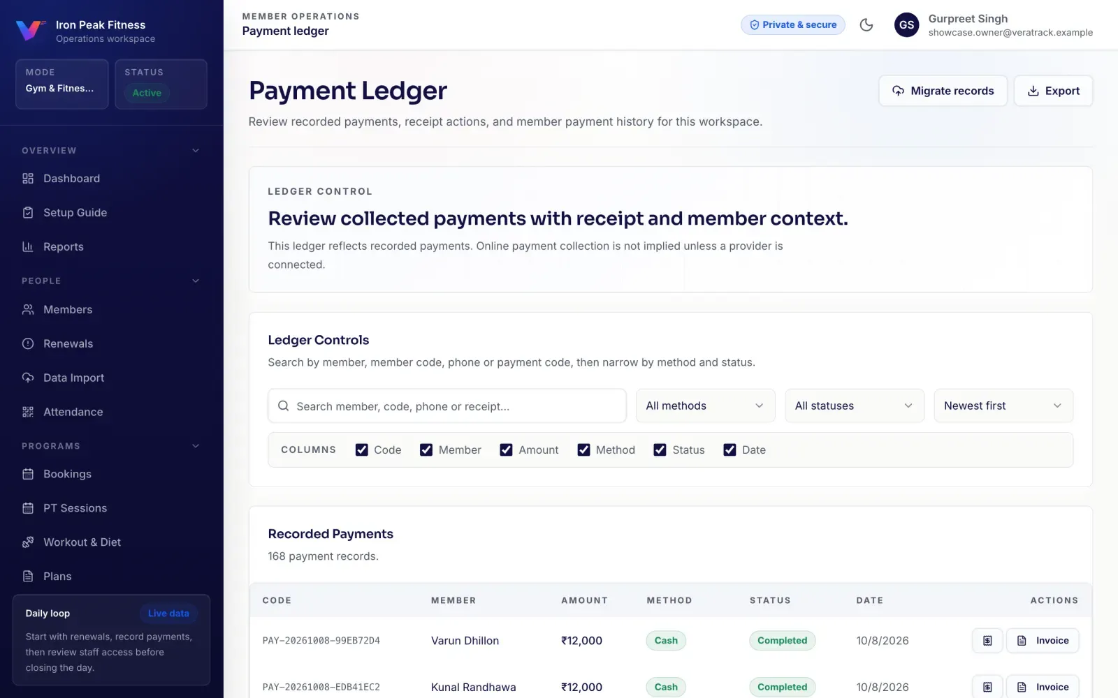 VeraTrack payments ledger with cash, card and UPI entries