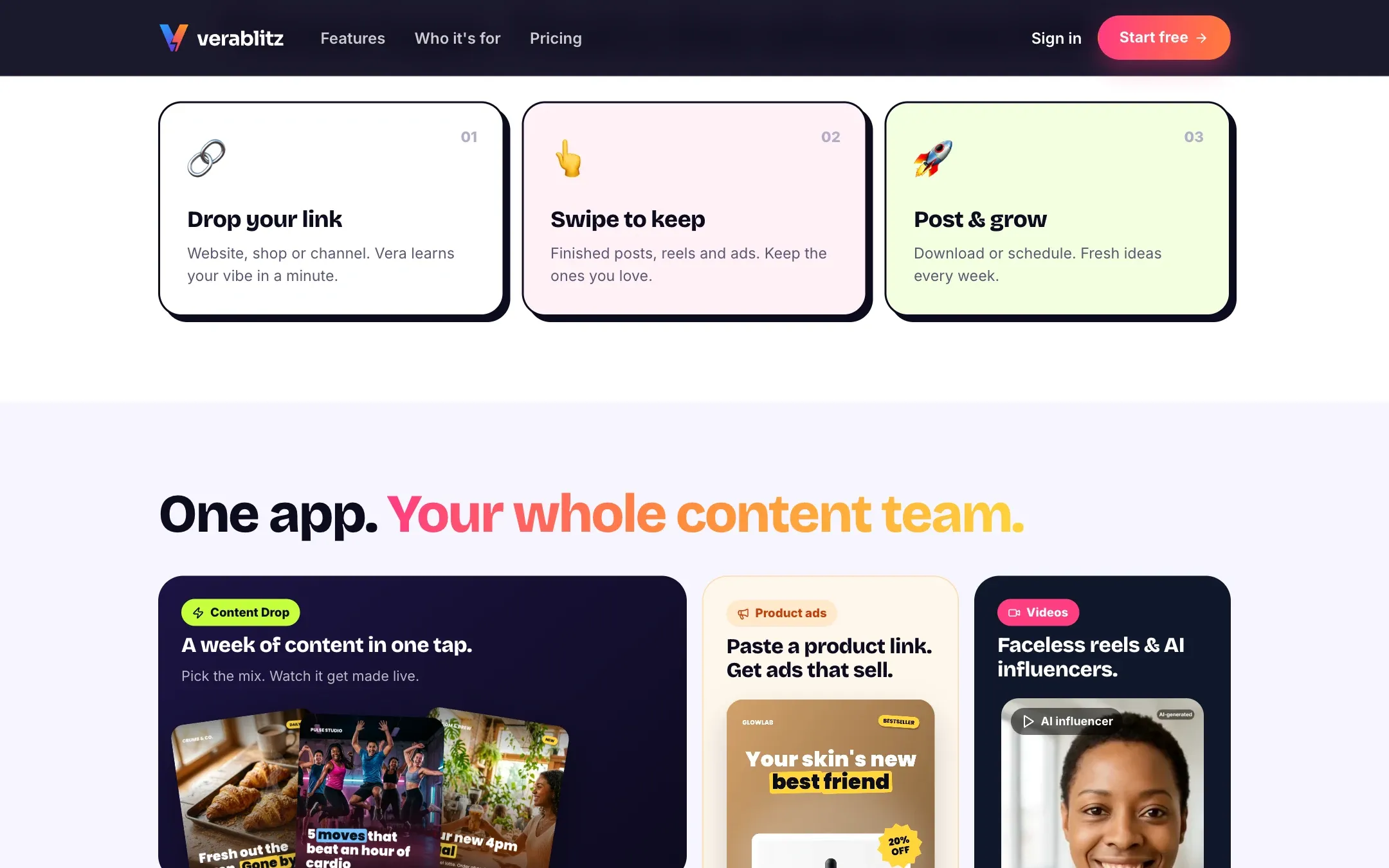 VeraBlitz features: content drop, product ads and AI influencer videos