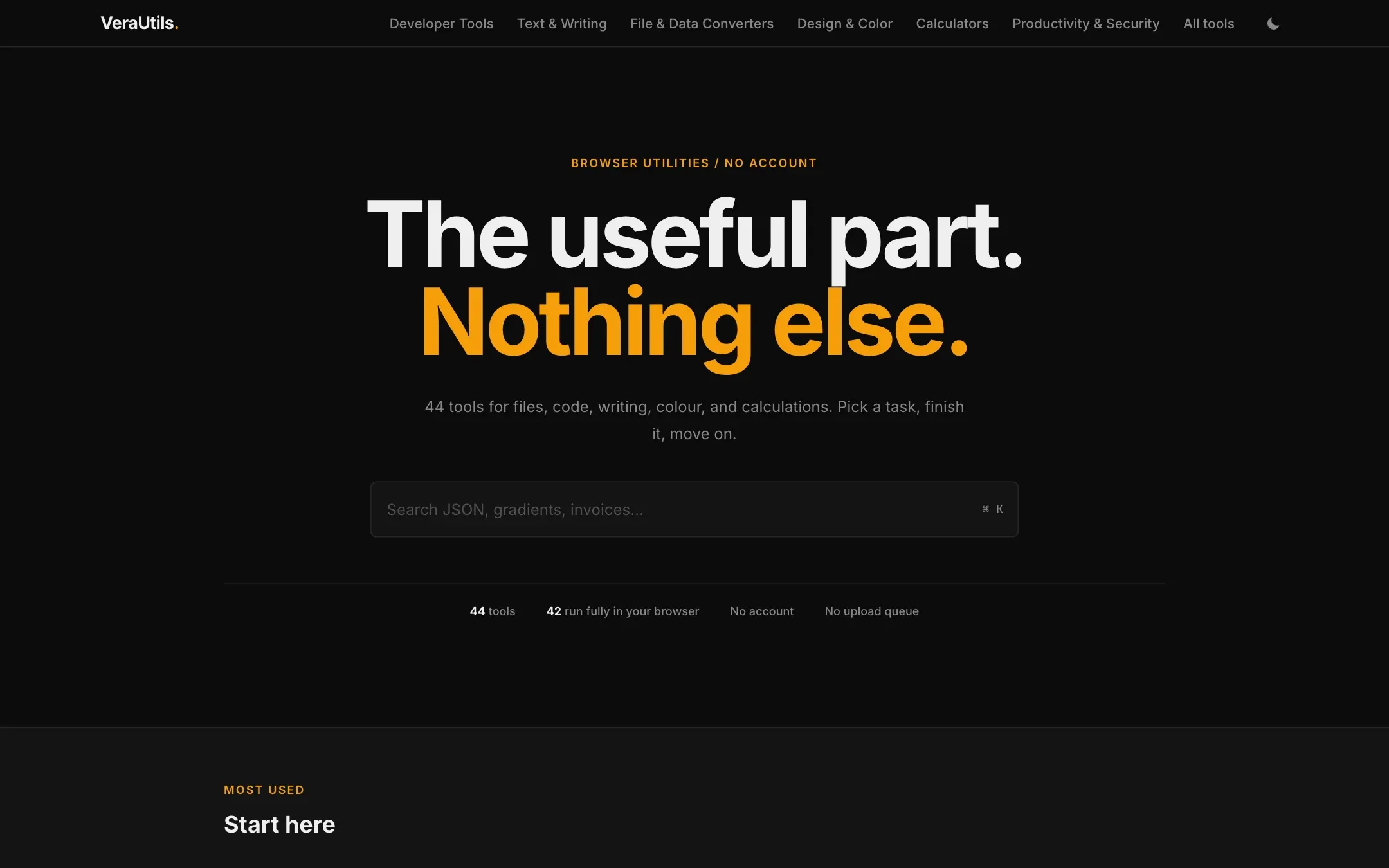 VeraUtils homepage: 44 tools, 42 run fully in your browser